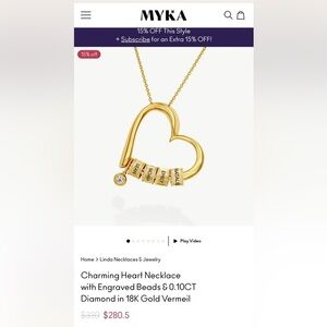 MYKA Charming Heart Necklace w/ Engraved Beads & 0.10CT Diamond 18K Gold Vermeil